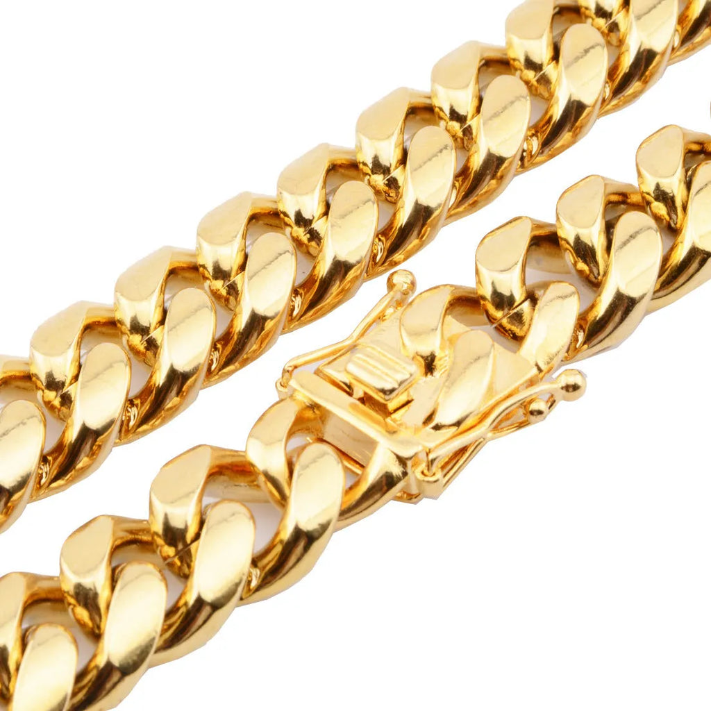 Gold Miami Cuban link stainless steel chain necklace on white background