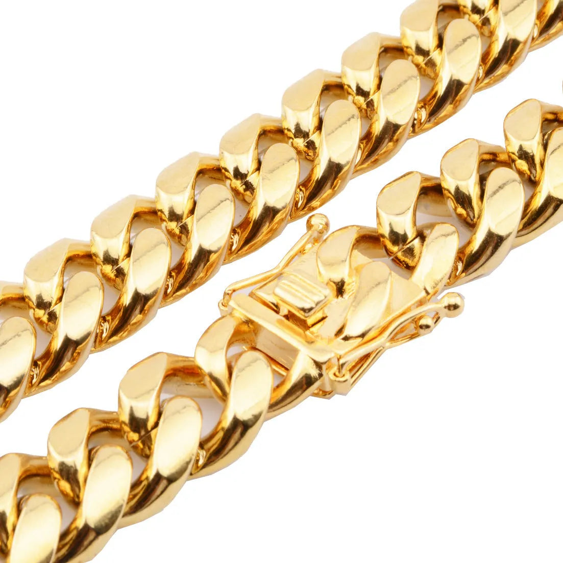 Gold Miami Cuban link stainless steel chain necklace on white background