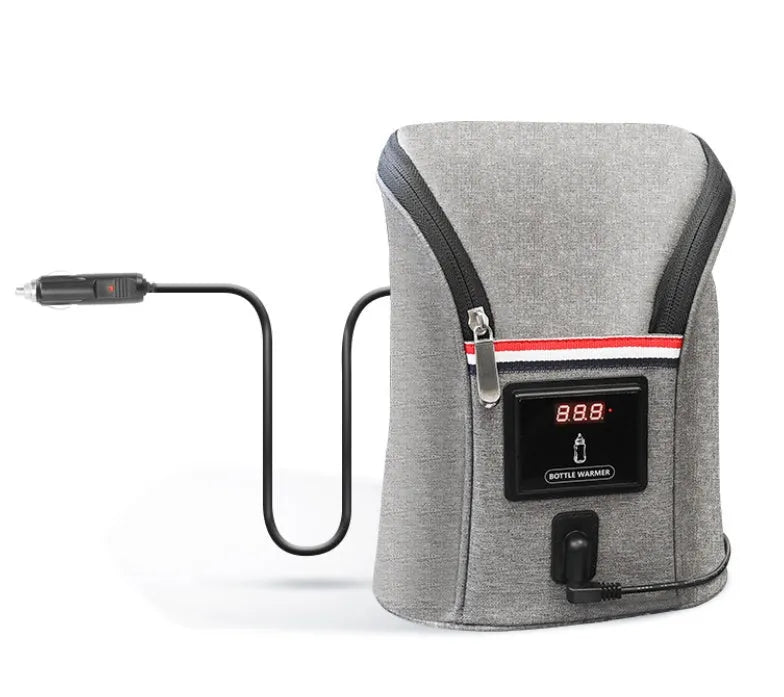 Grey Oxford cloth car USB baby bottle warmer showing temperature display and dual bottle capacity