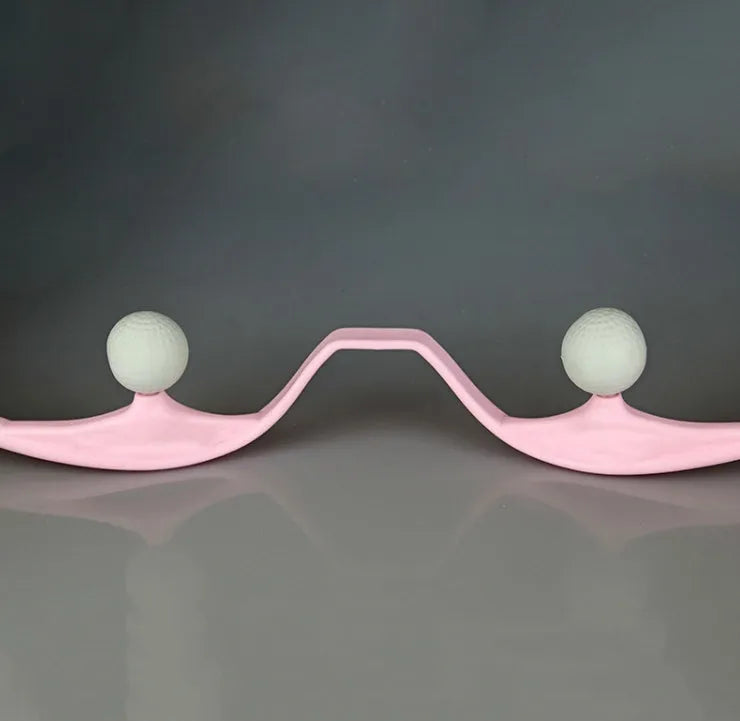 A pink plastic handheld neck and shoulder massager with adjustable rollers on a flexible stand.
