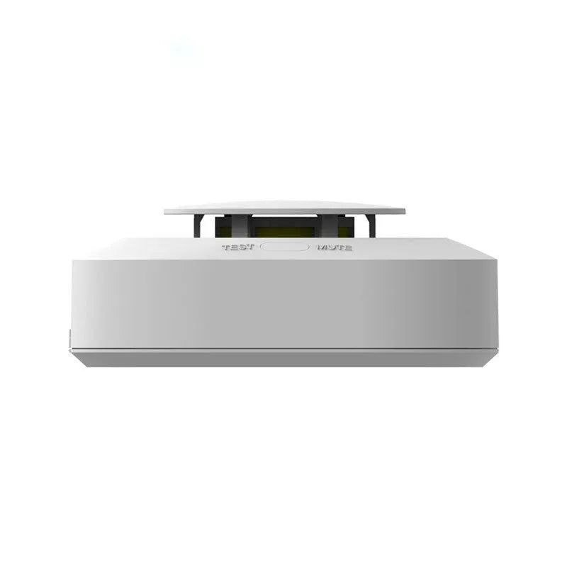 White wireless smoke detector with 433MHz transmission, 9V battery power, and over 80dB alarm.