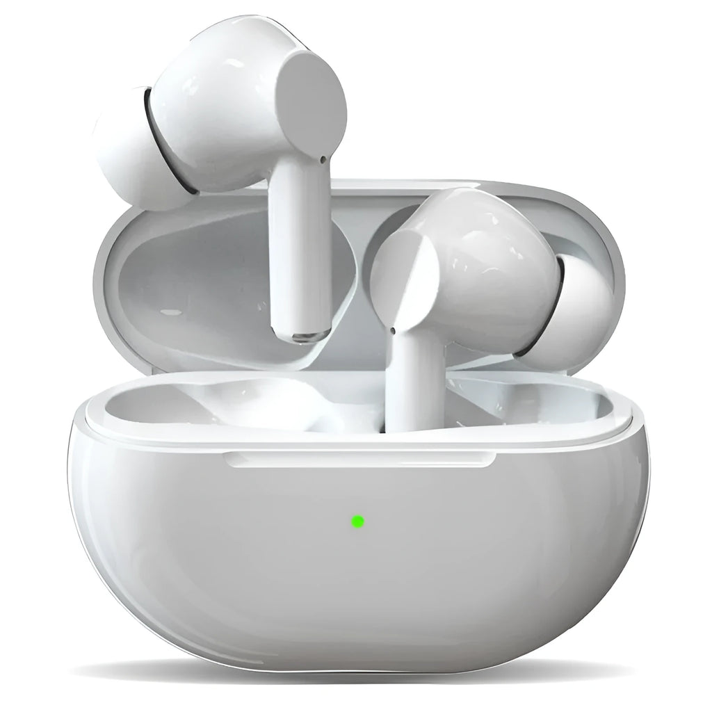 Pro4 black and white Bluetooth earpieces inside a compact grey charging case with USB cable.