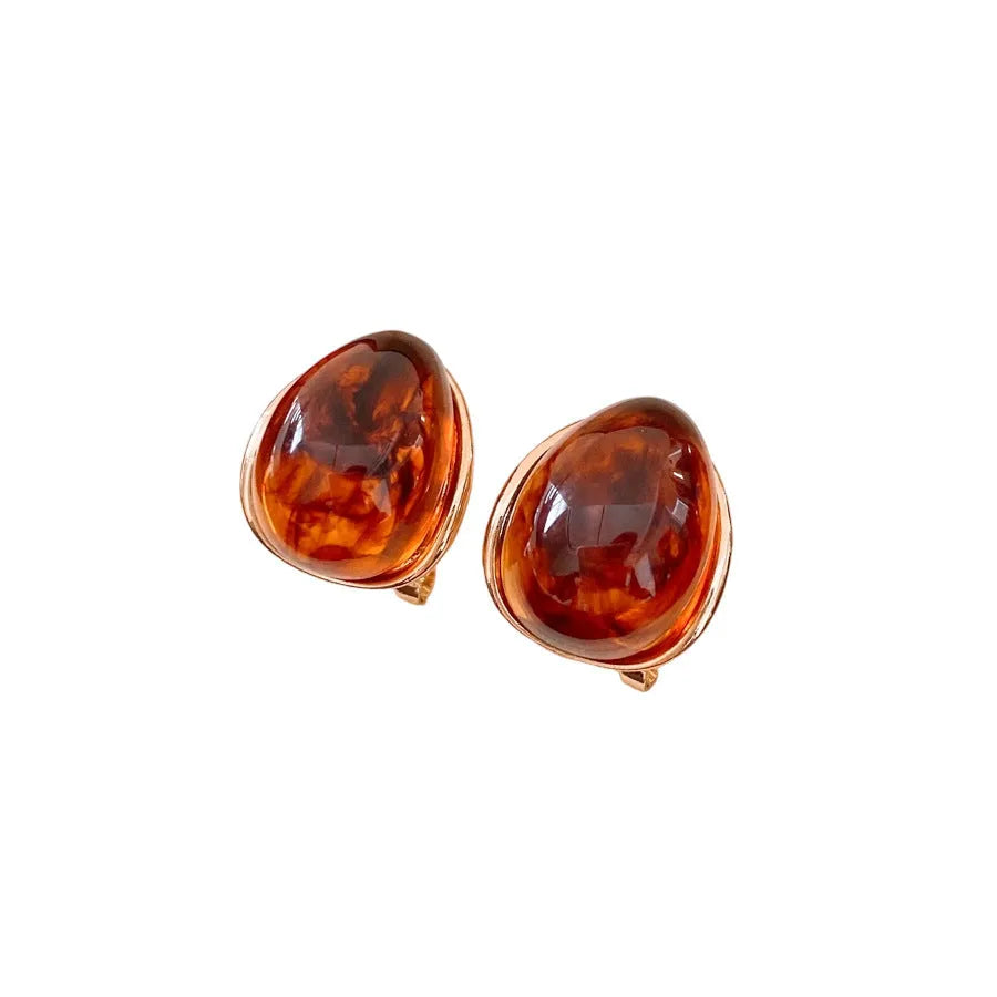 Amber water drop ear studs and ear clip in silver needle coffee colour with real gold plating
