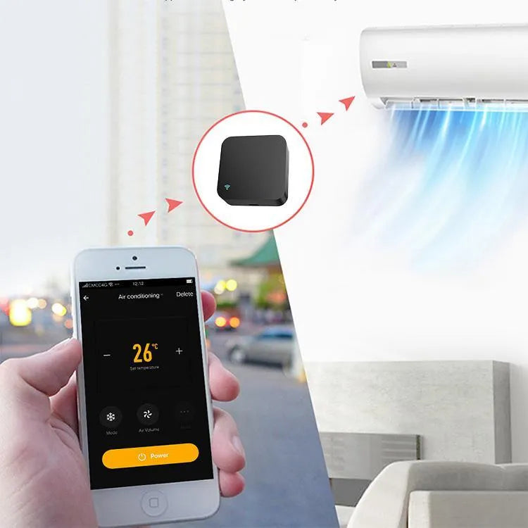Black universal infrared remote control with voice command for air conditioning and TV