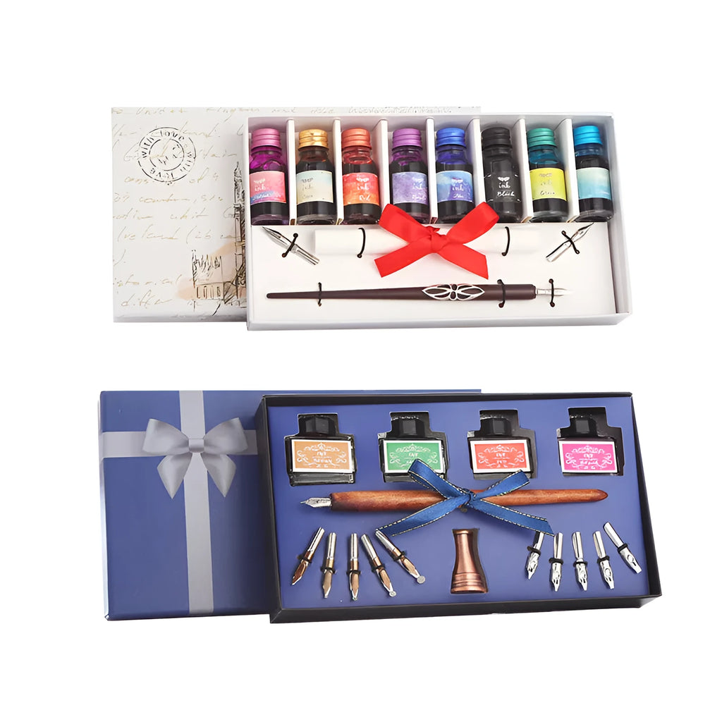 Wooden gift box open to show a wooden dip pen, standing pen holder, bottles of coloured ink, and replacement nibs.