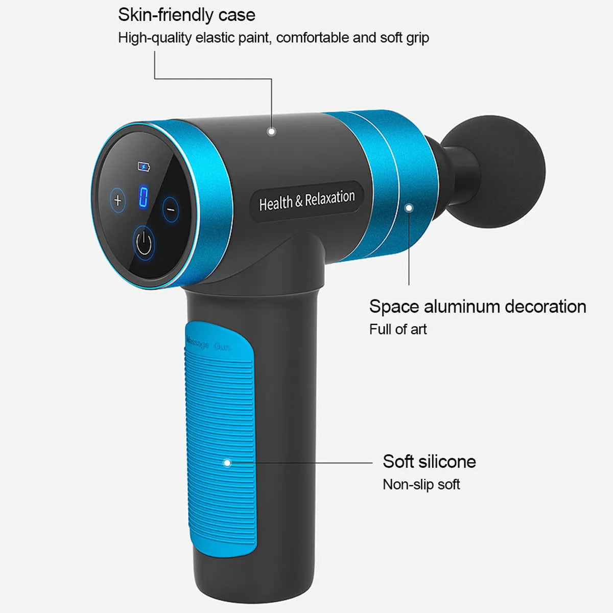 Grey electric percussion muscle massage gun with ergonomic handle, touch screen, and three massage heads on display
