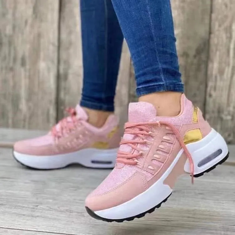 Lace up wedge heel sneakers with breathable mesh upper in colour option, low heel round toe design