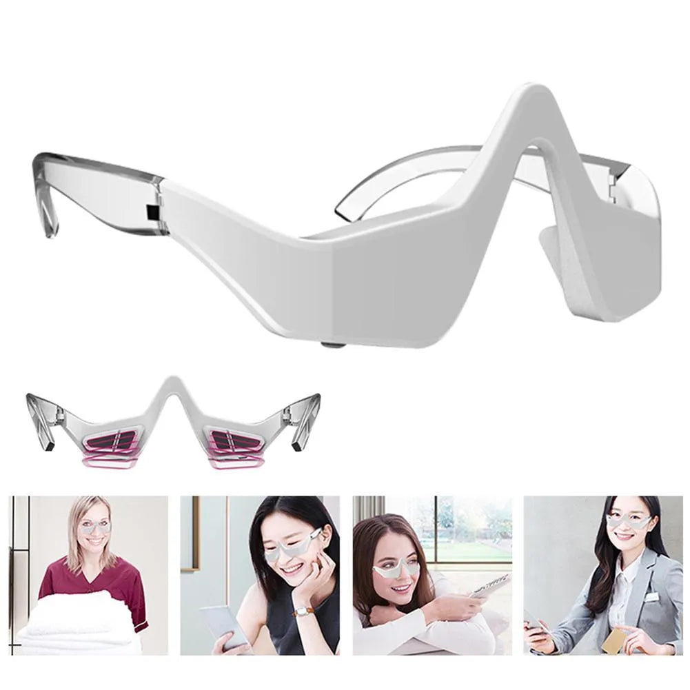 Pink and white micro-current eye massager with glasses-style design for wrinkle reduction and dark circle removal