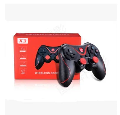 Upgraded X3 black Bluetooth wireless game controller for Android phones with attached phone clip.