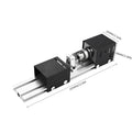 Mini manual woodworking lathe with silver metal construction and six carving knives