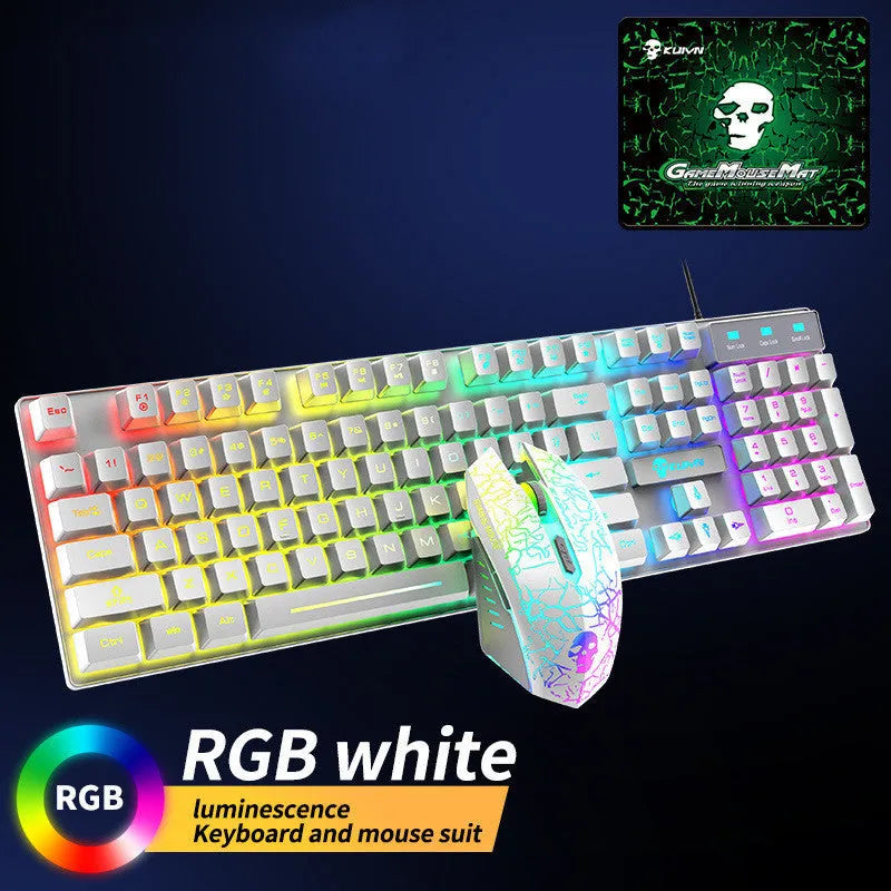 Kuiying T6RGB keyboard and mouse set in White RGB with rainbow lighting, mouse pad and manual, boxed 55 x 15.3 x 5 cm