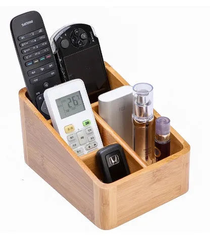 Multi-purpose bamboo desktop storage box with smooth surface and clear grain, available in colour A