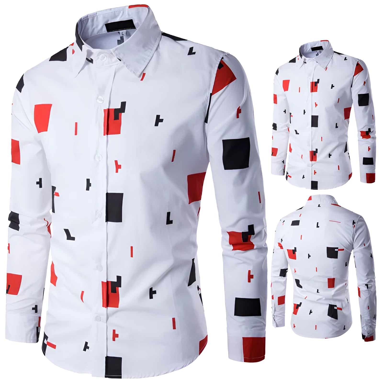 Mens casual long sleeve white cotton button-down shirt on hanger, front view