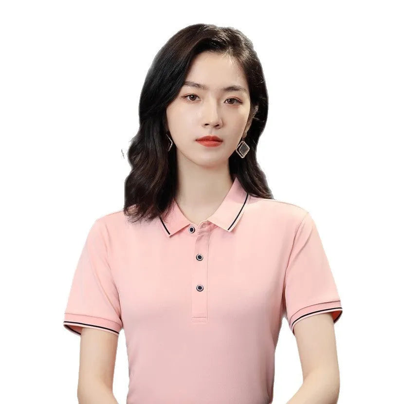 Beautician short-sleeved polo work shirt in cool silk cotton with asymmetric colour-block pattern
