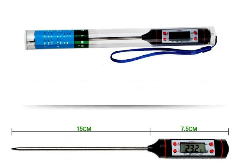 Digital kitchen oil thermometer with stainless steel probe, measuring 23cm total length and 15cm needle length