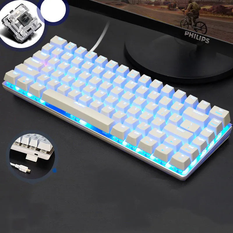 Heijue AK33 82-key mechanical keyboard black shaft white light version on desk with metal panel
