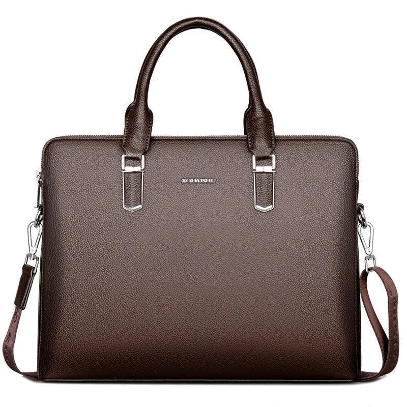 Men's PU leather handbag with litchi pattern, double pull opening, and telescopic handle in black and brown colours