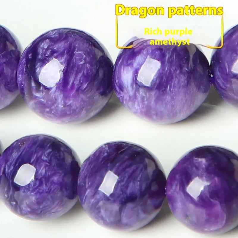 Natural transparent charoite crystal bracelet with platinum setting, showing different bead size options.