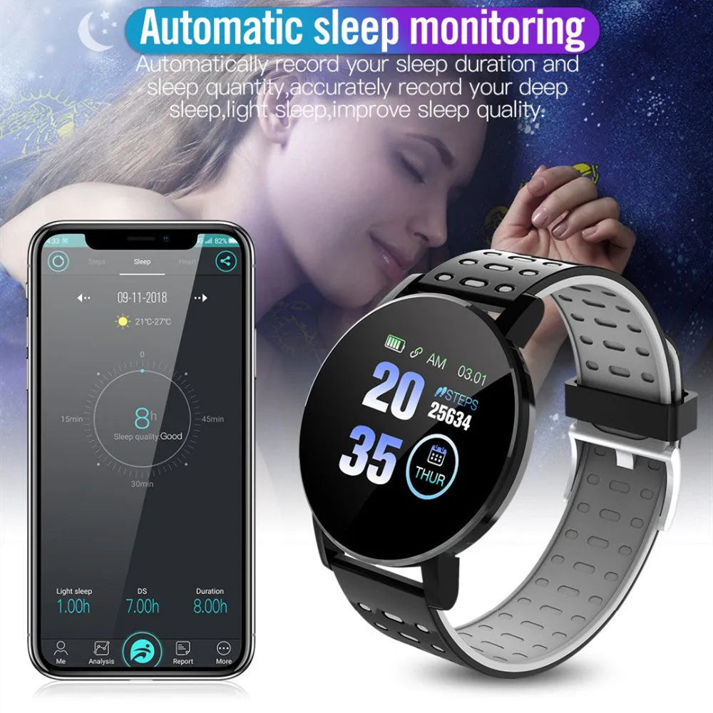 119 Plus Bluetooth smart watch with 1.3 inch LED display, TPU strap, heart rate monitor, Black Blue Green Red