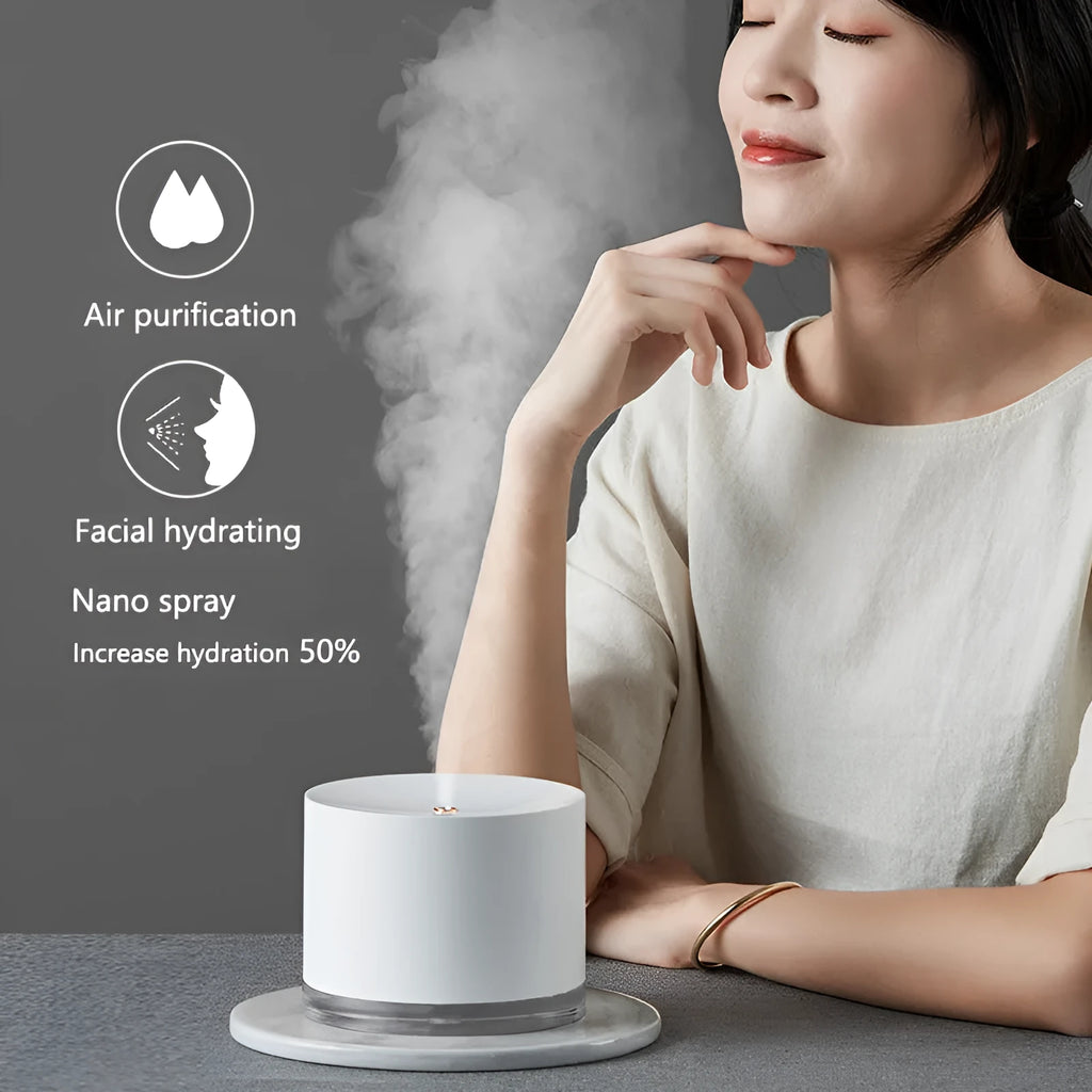 Wireless ultrasonic humidifier 780ml portable USB rechargeable with night light in white