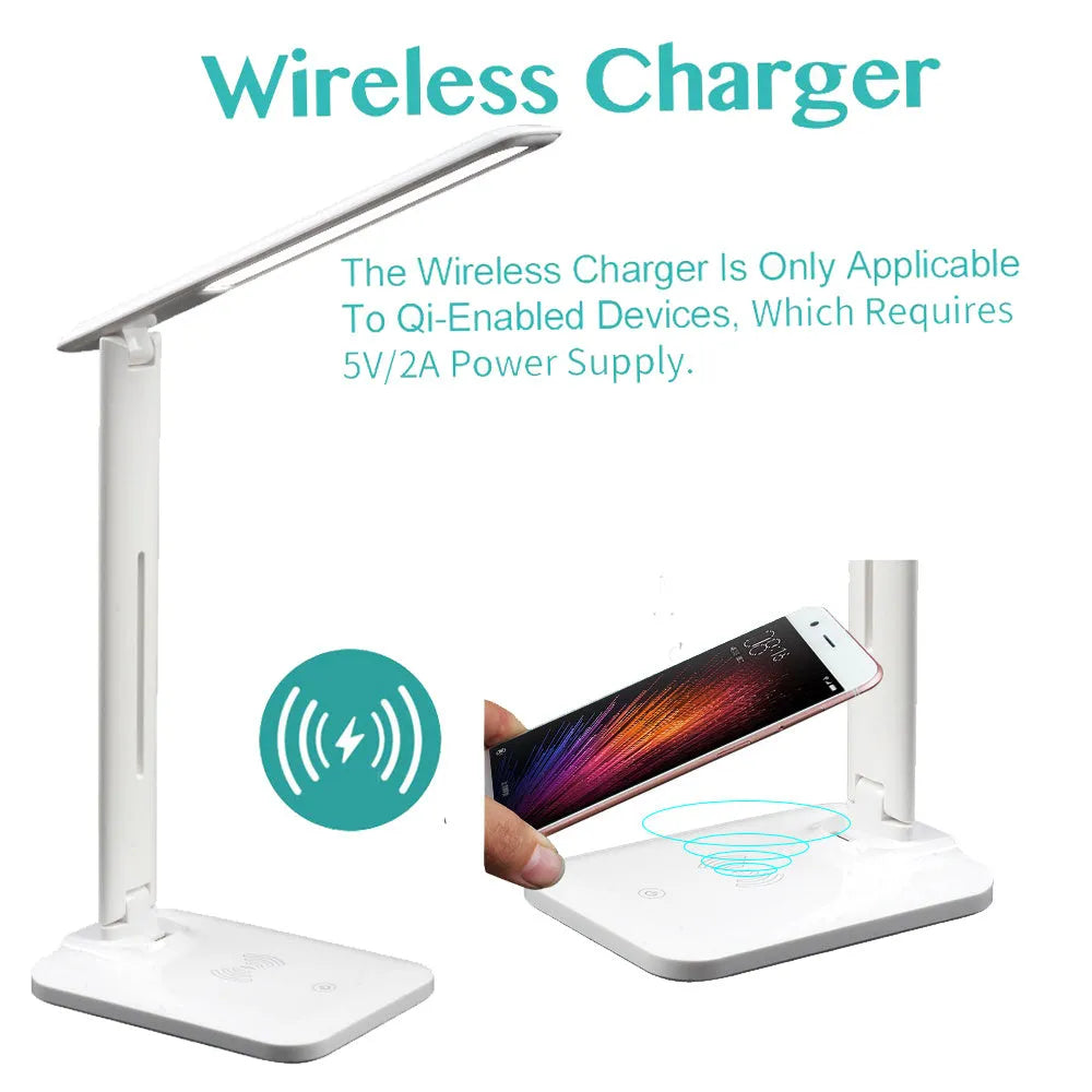 White eye protection desk lamp with wireless charging pad and touch dimmer on a desk