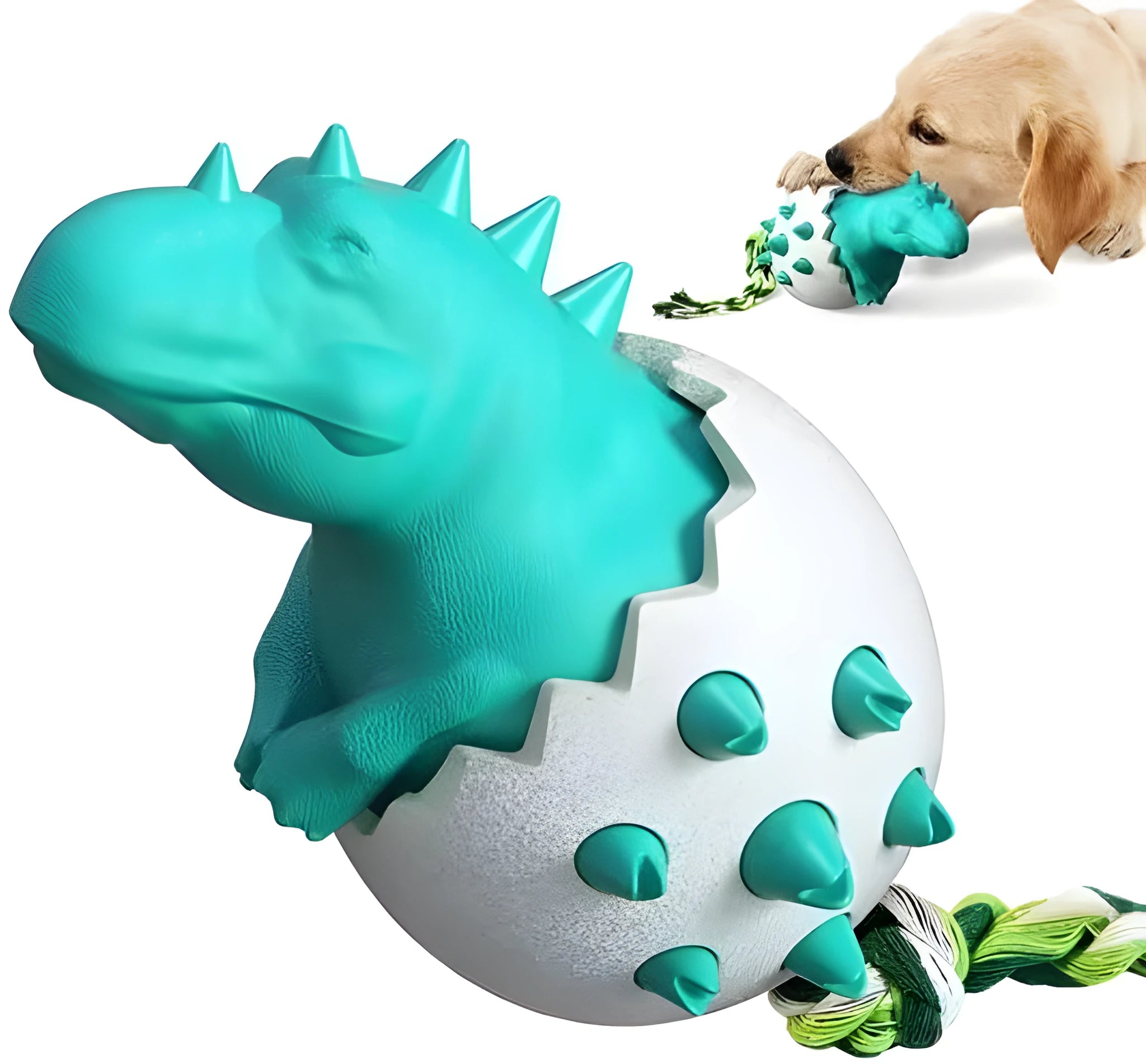 Blue durable dog chew toy shaped like a dinosaur with textured surface and rope, for aggressive chewers.
