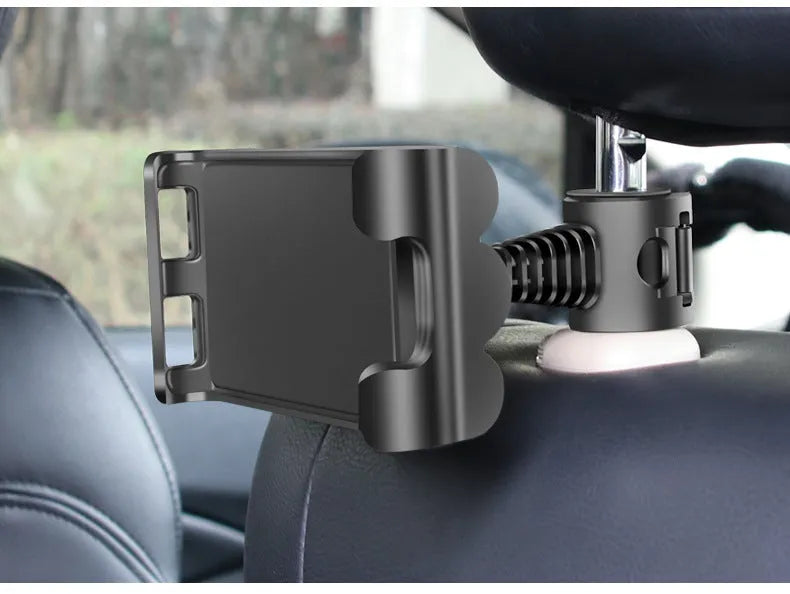 Universal car headrest tablet holder mounted on vehicle seat with 360 degree rotation and extendable arm for 4-12 inch devices