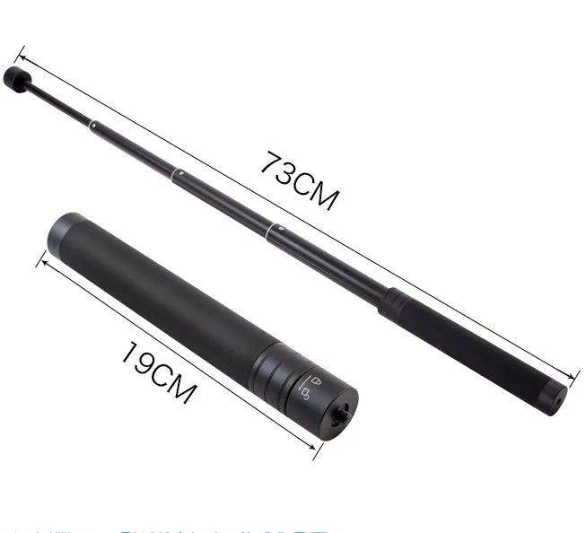 Black retractable aluminium selfie stick with Bluetooth remote, extended with a phone in the holder.