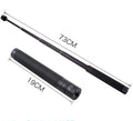 Black retractable aluminium selfie stick with Bluetooth remote, extended with a phone in the holder.