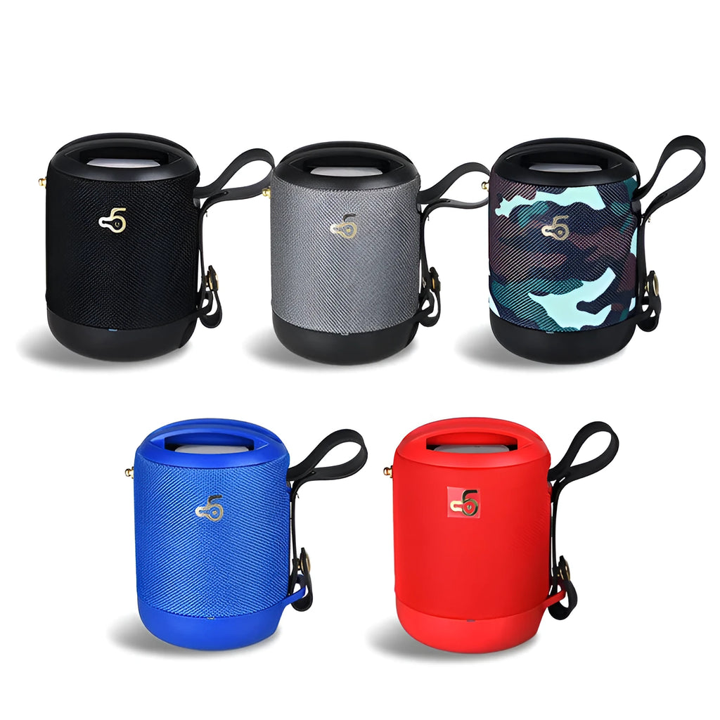 Compact black wireless Bluetooth speaker with carry strap showing its portable size