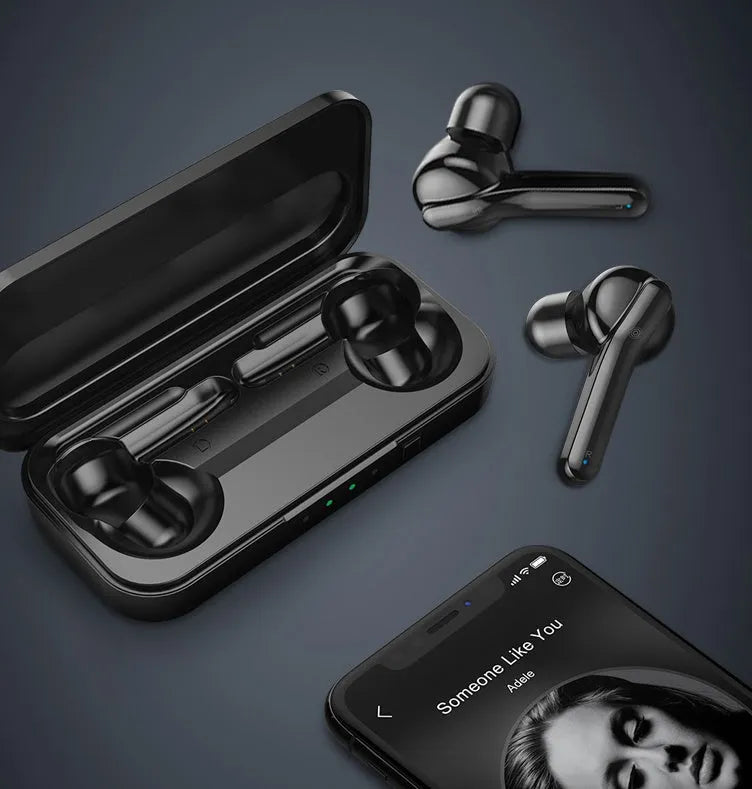 Black and white TWS wireless Bluetooth earbuds with charging case, showing discreet in-ear design.