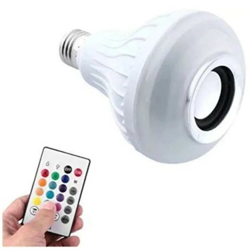 White Bluetooth speaker LED light bulb with E27 base showing multicolour RGB lighting