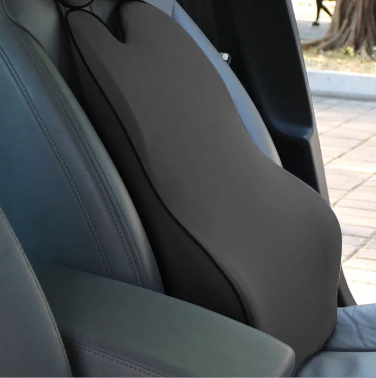 Car neck pillow and lumbar support set with memory cotton filling, shown in beige, black, and grey