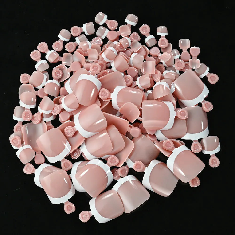Box of 120 French style nude square artificial toe nail pieces in nine colour shades