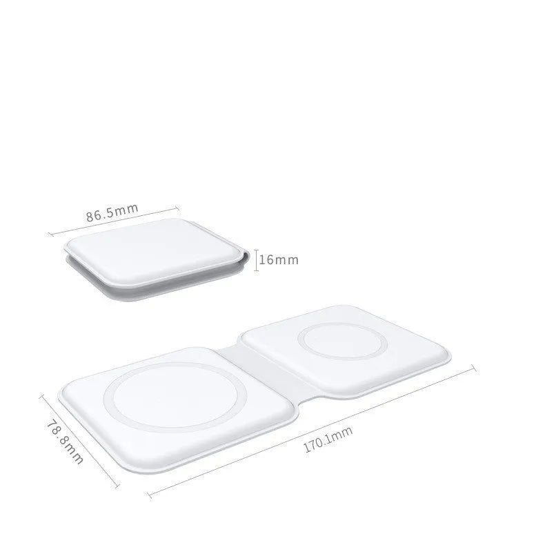 White folding magnetic wireless charger in stand mode, charging a smartphone at an angle
