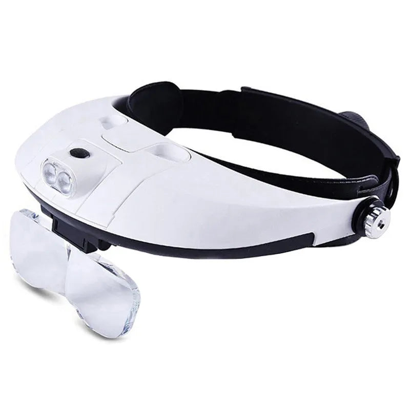 Headband magnifier with adjustable head strap, two LED lights, and five interchangeable lenses