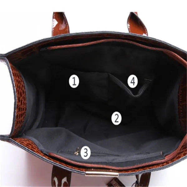 Women's solid colour diagonal cross body stone tote bag in black, 25x29x10cm, PU fabric with crocodile pattern