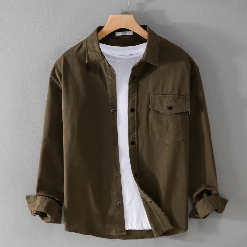 Men's long sleeve cotton cardigan work shirt in green, American retro style, front view