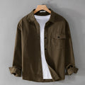 Men's long sleeve cotton cardigan work shirt in green, American retro style, front view