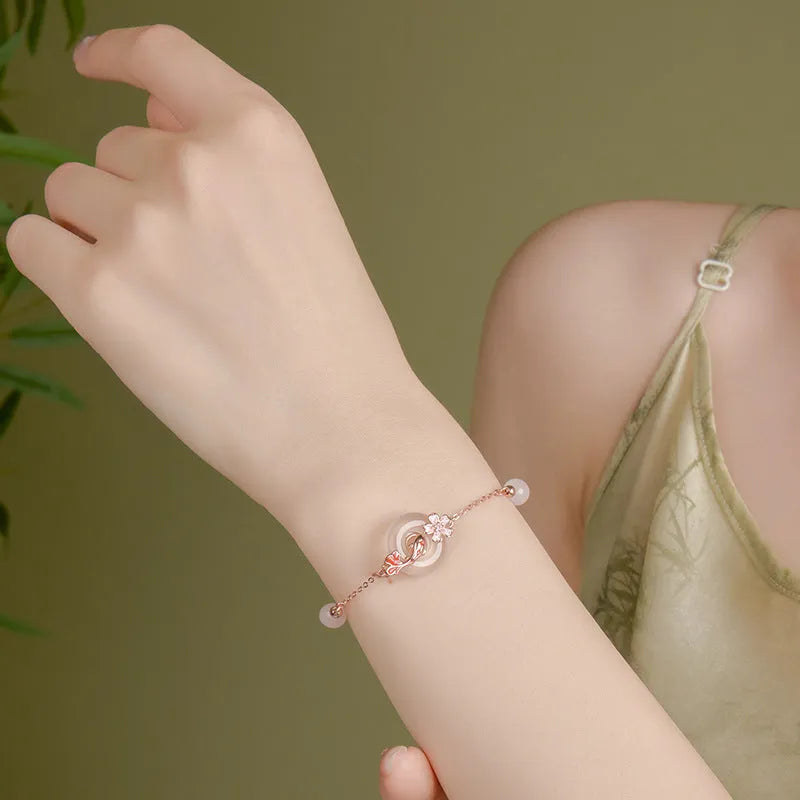 S925 sterling silver bracelet with white chalcedony crystals in floral new Chinese style design