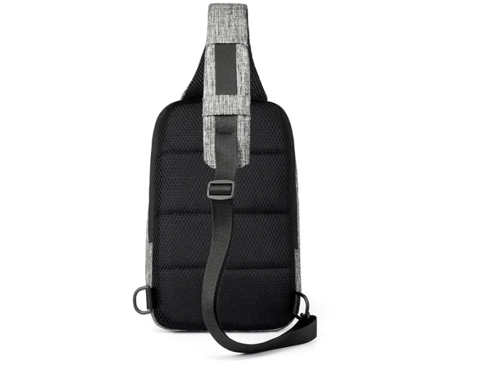 Dark blue waterproof Oxford cloth chest bag with zip and adjustable strap, shown front-on.