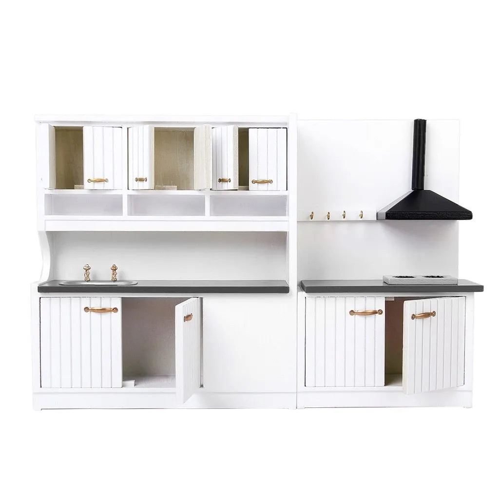 White birch dollhouse kitchen cabinets with working doors and metal handles, sink and stove units