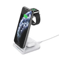 Black foldable 3-in-1 wireless charger showing phone, headphones, and watch charging simultaneously