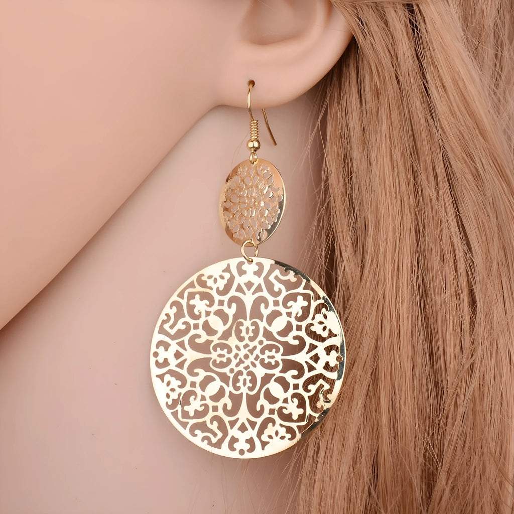 Women's round hollow gold dangle drop earrings in zinc alloy, 4.5 by 8 centimetre size