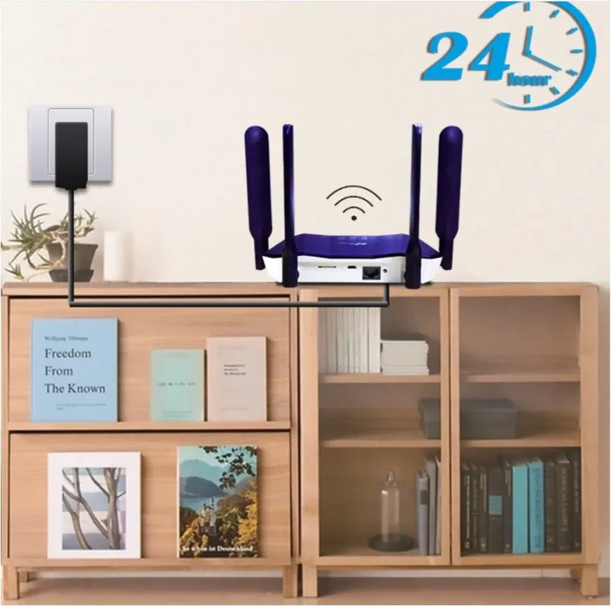 Blue 4G and broadband dual-mode wireless router with four external antennas.