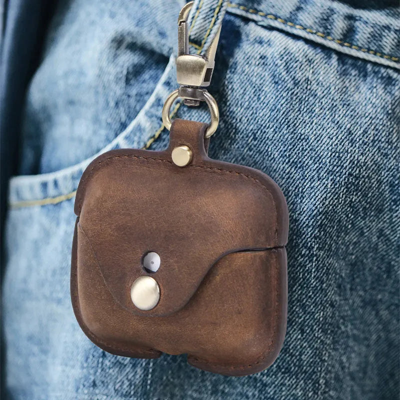 Genuine leather vintage clamshell case for AirPods Pro in brown with a crazy horse pattern texture.