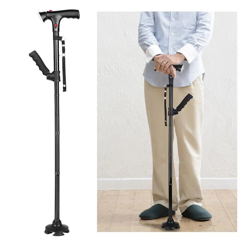 Foldable aluminium walking stick with 4-feet anti-skid base, LED light, and side armrest for elderly