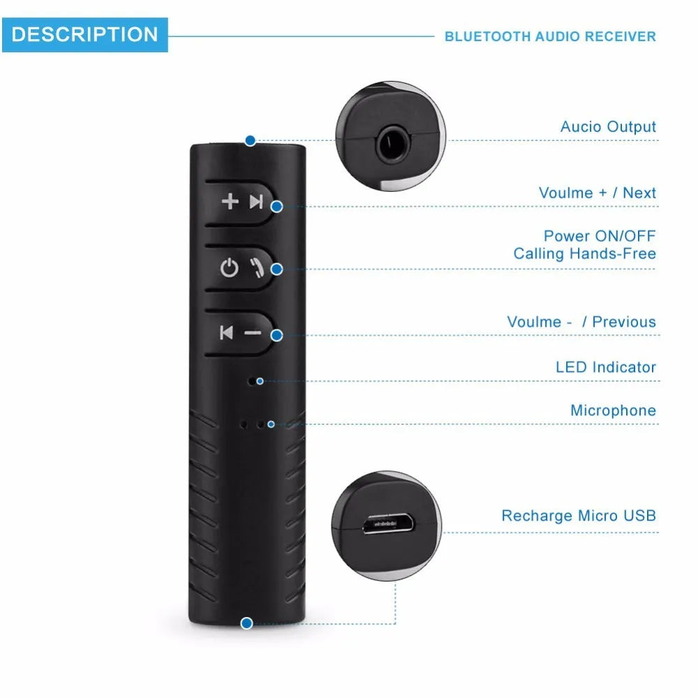 Black Bluetooth 4.1 car audio receiver with 3.5mm AUX jack for wireless music streaming