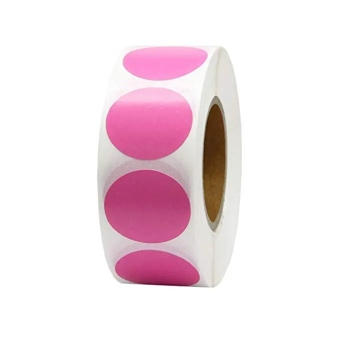 Roll of 500 chroma label colour code point stickers, each 2.5cm, in ten colours with standard permanent glue