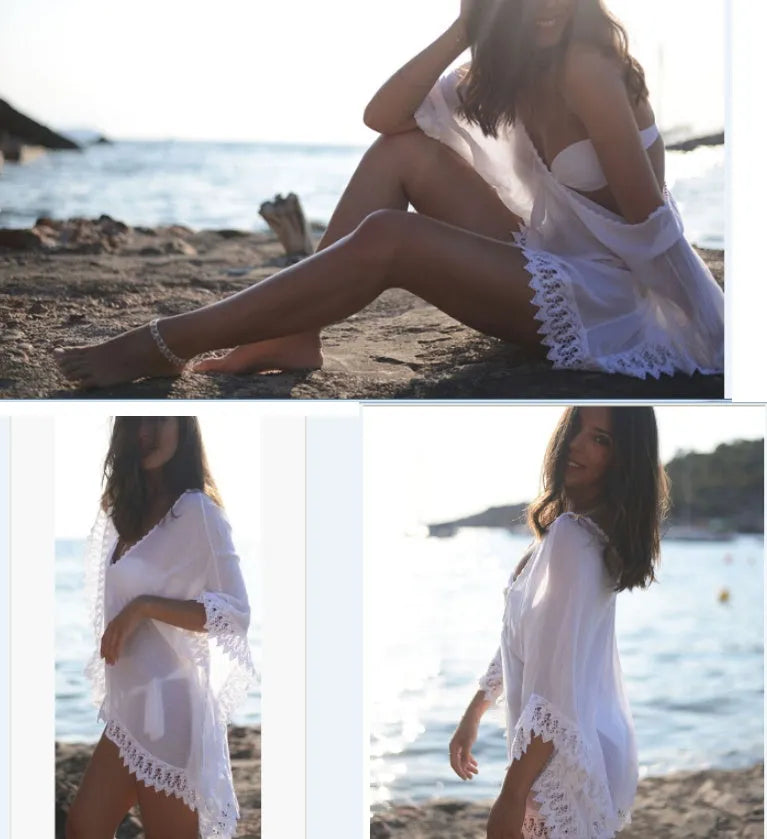 White tasselled beach coverup with pom-pom trim, lightweight kaftan style for beach and poolside
